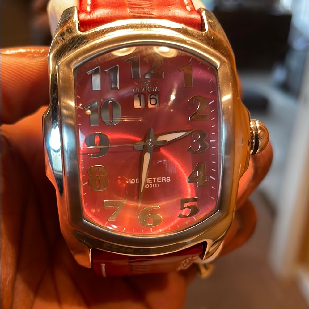 Invicta Red and Silver Watch with Rectangular Case and Leather Strap